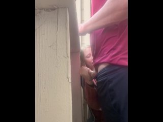 Babysitter jerks cock off on the patio during a busy day