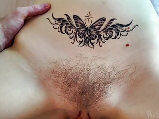 Teen with belly tattoo gets creamy rough fuck of big pumped hairy pussy