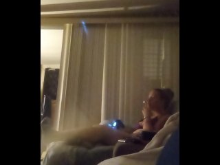 Nasty roommate masturbating to pretty busty girl in bra and panties while she is playing video games